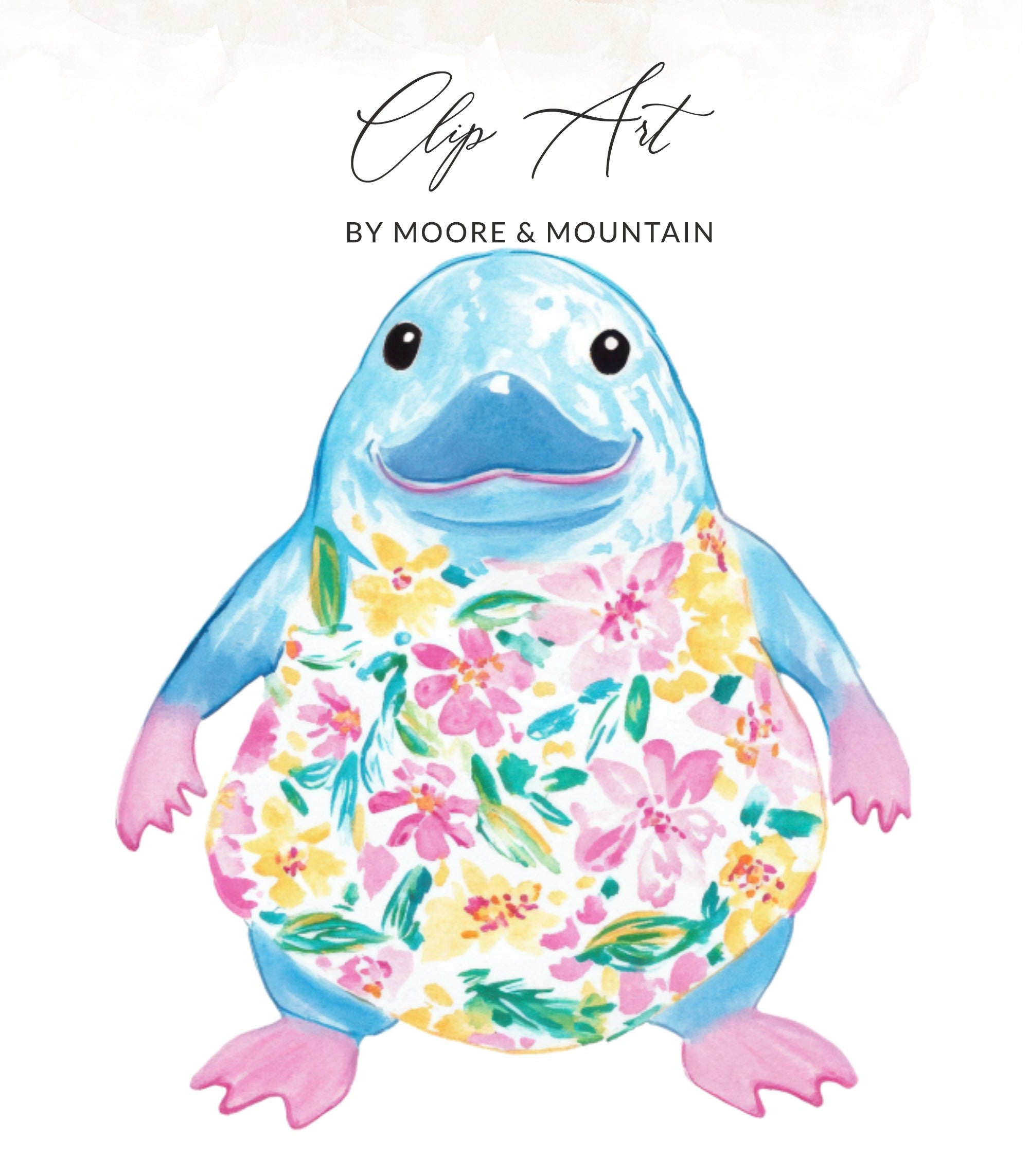 Blue platypus in a floral swimsuit, "Clip Art by Moore & Mountain".