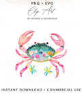 Watercolor crab with floral pattern and starfish, INSTANT DOWNLOAD + COMMERCIAL USE.