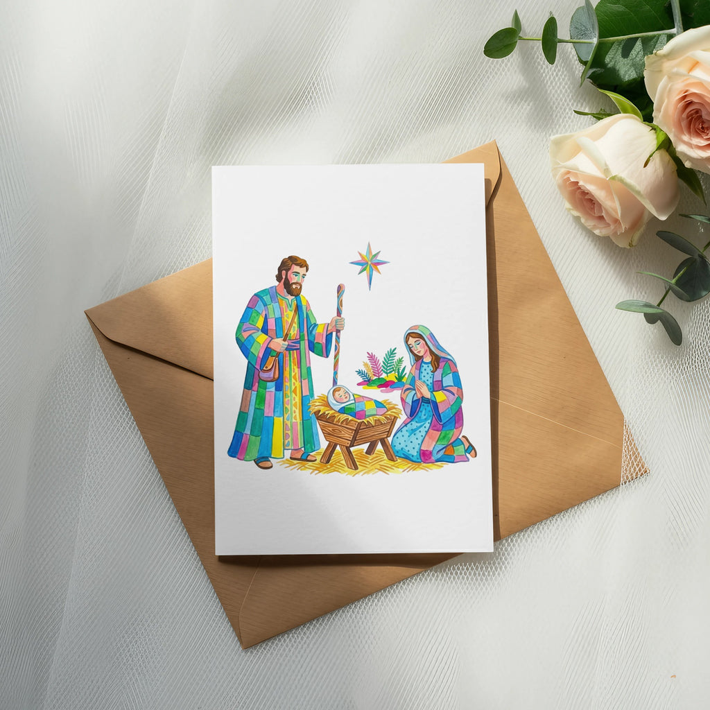 Nativity scene card with Mary, Joseph, baby Jesus, and star on brown envelope.