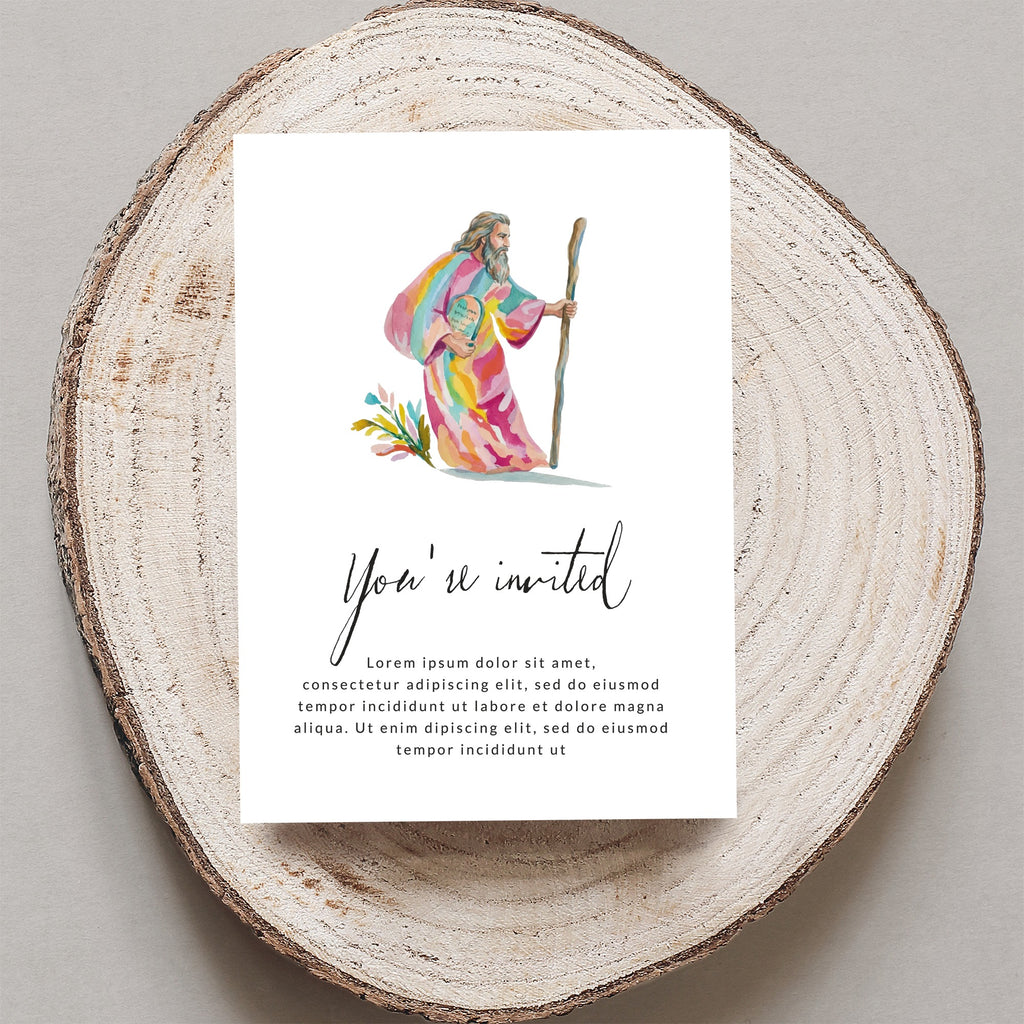 Invitation with colorful Moses figure and placeholder text.
