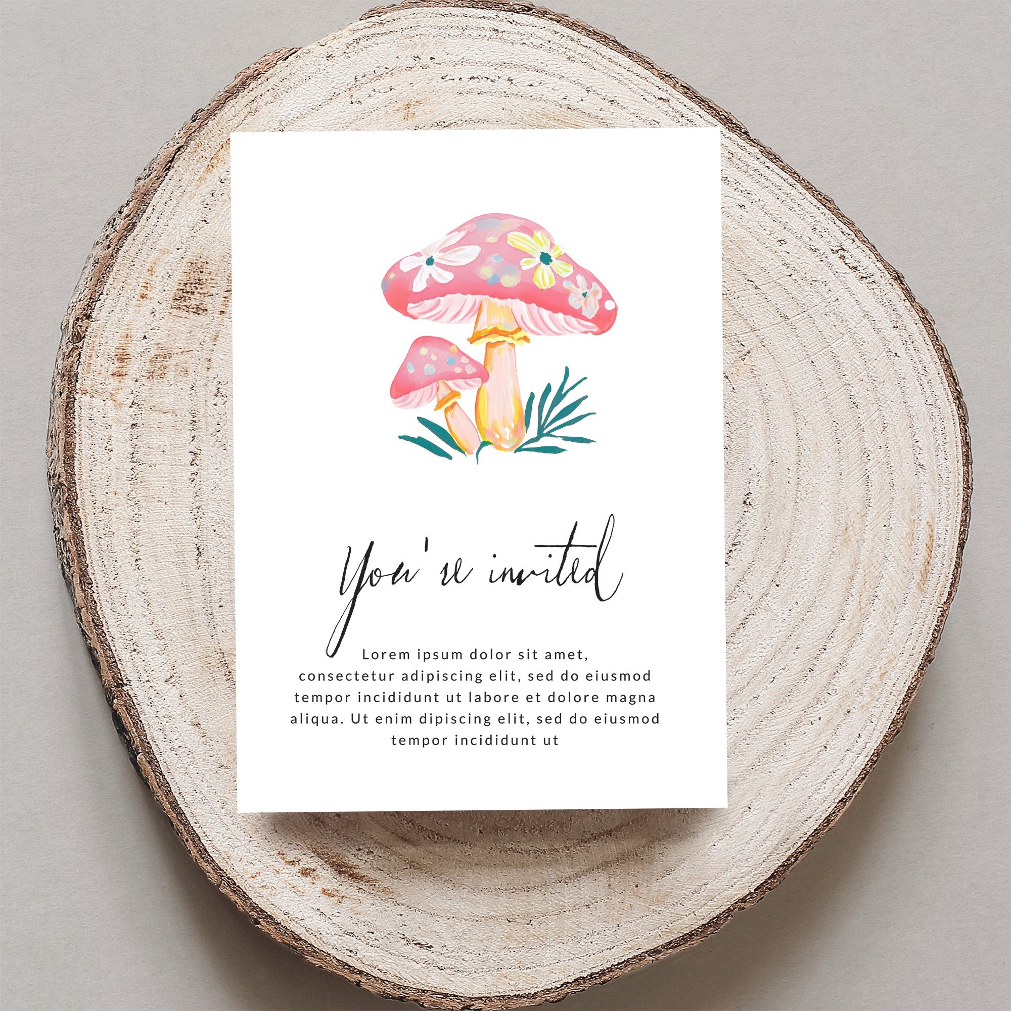 Invitation card with pink mushrooms and "You're invited" text.