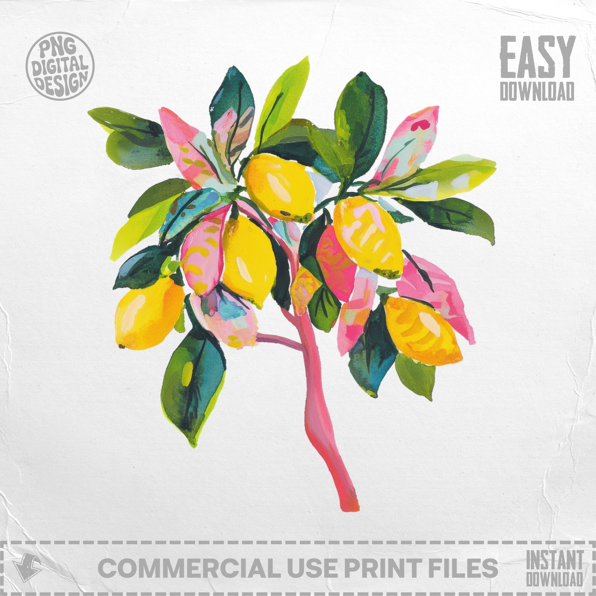 Watercolor illustration of a lemon branch with yellow lemons and pink and green leaves.