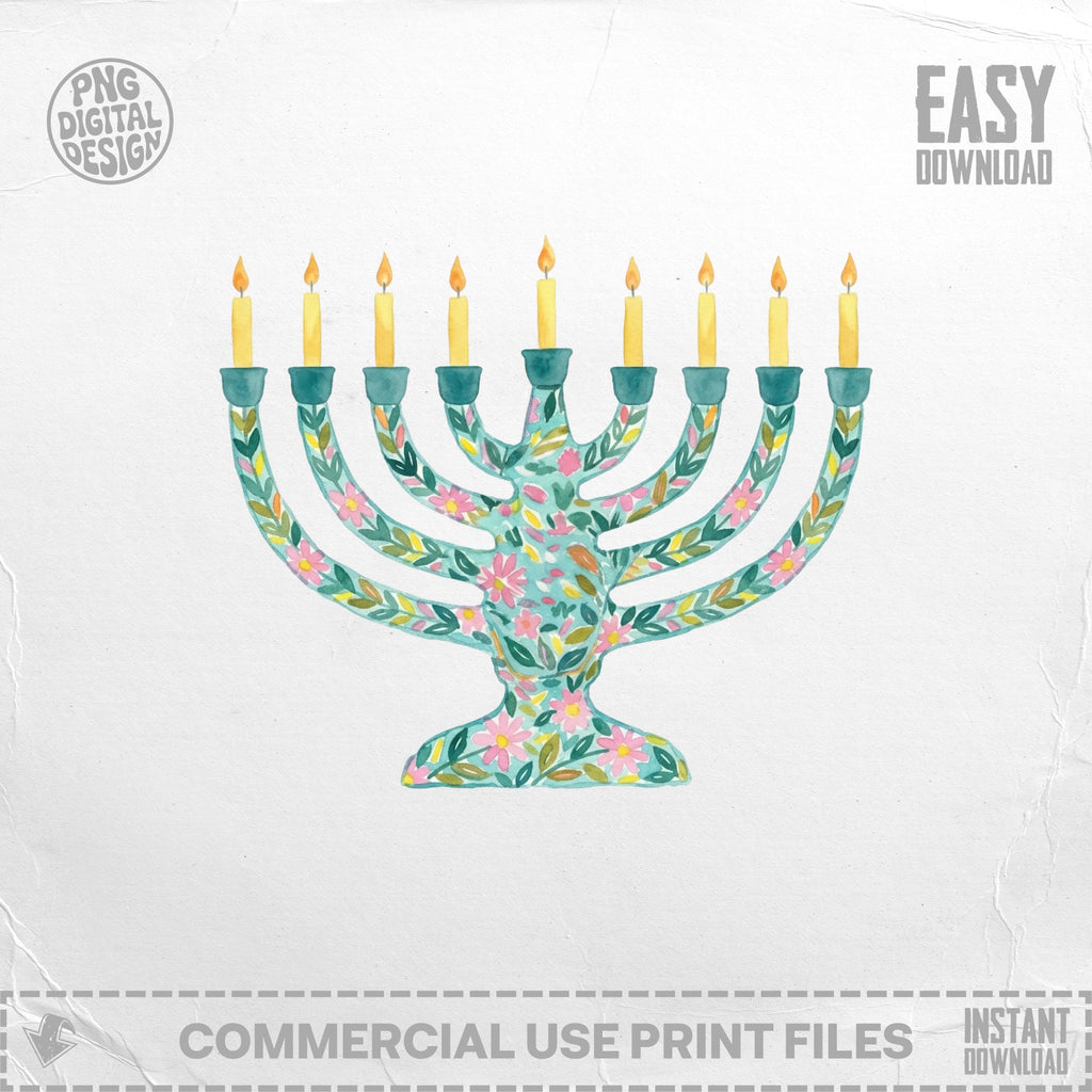 Watercolor menorah with floral accents and nine lit candles.