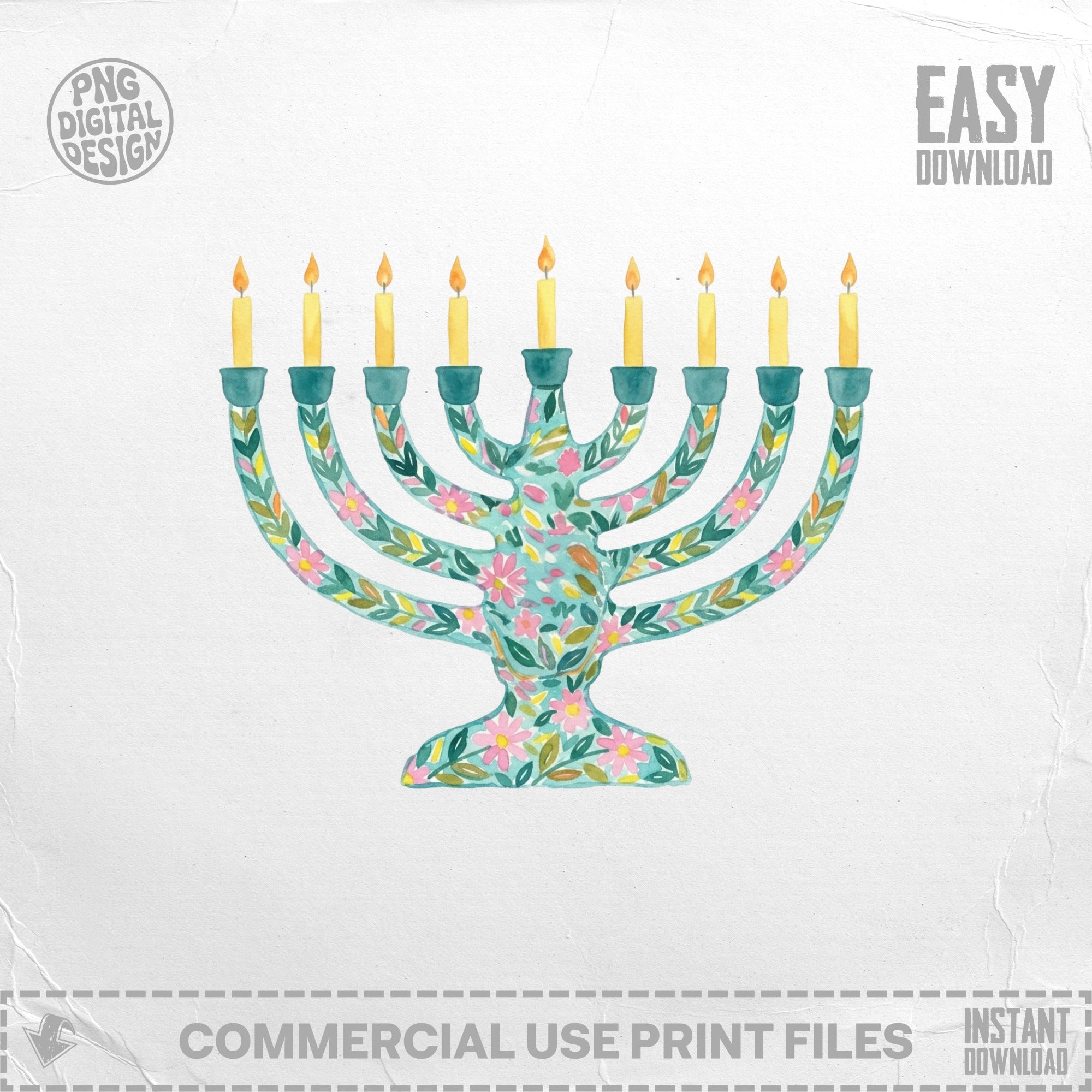 Watercolor menorah with floral accents and nine lit candles.