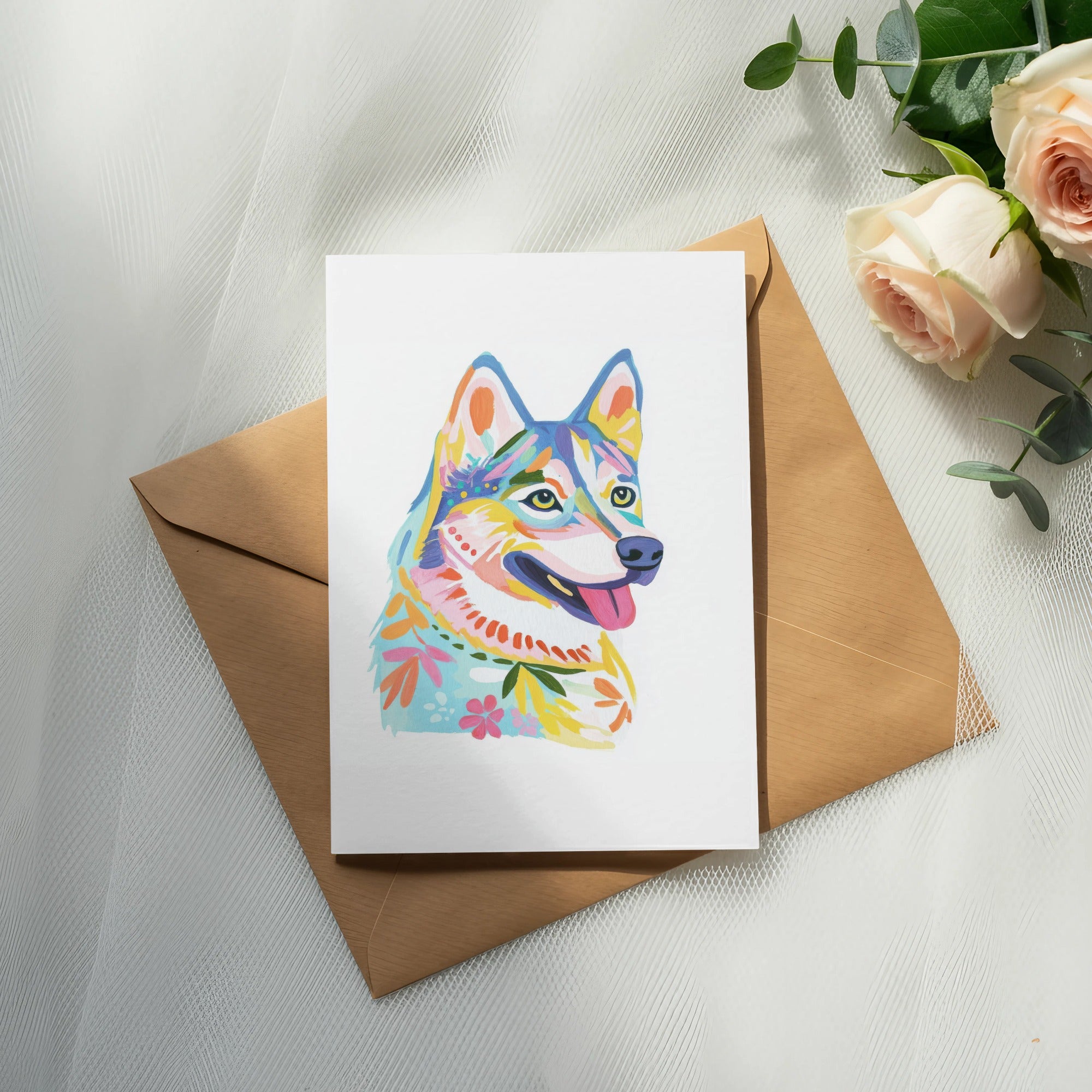 Card with colorful dog illustration on brown envelope with roses.