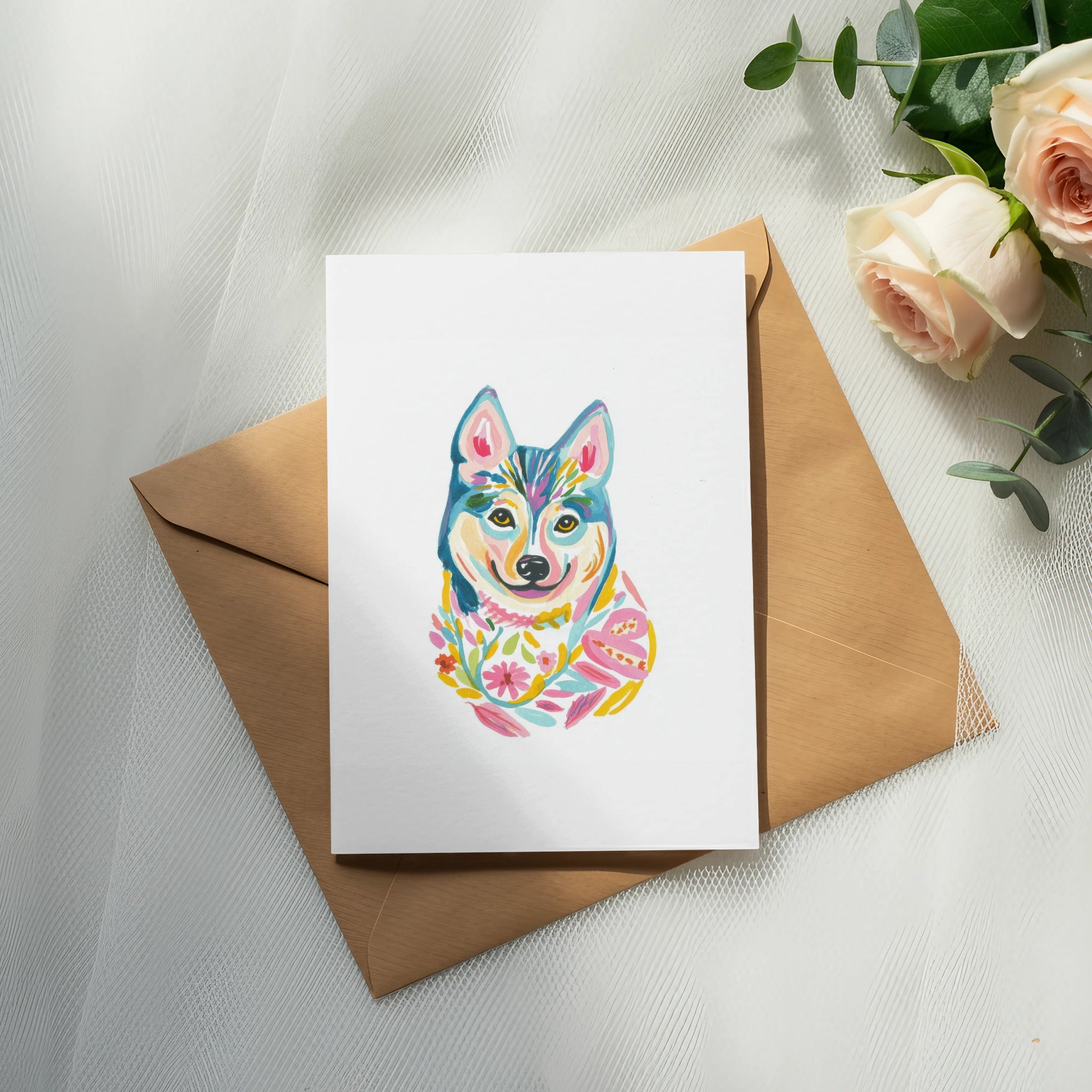 Card with colorful abstract husky illustration on brown envelope.