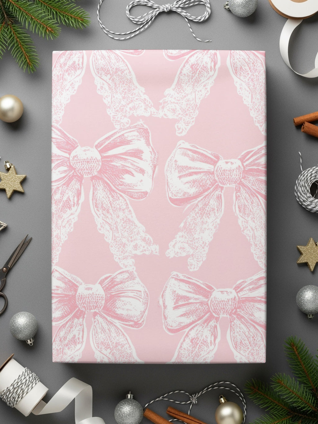 Pink Gift Wrap with White Bow Pattern Wrapping Paper