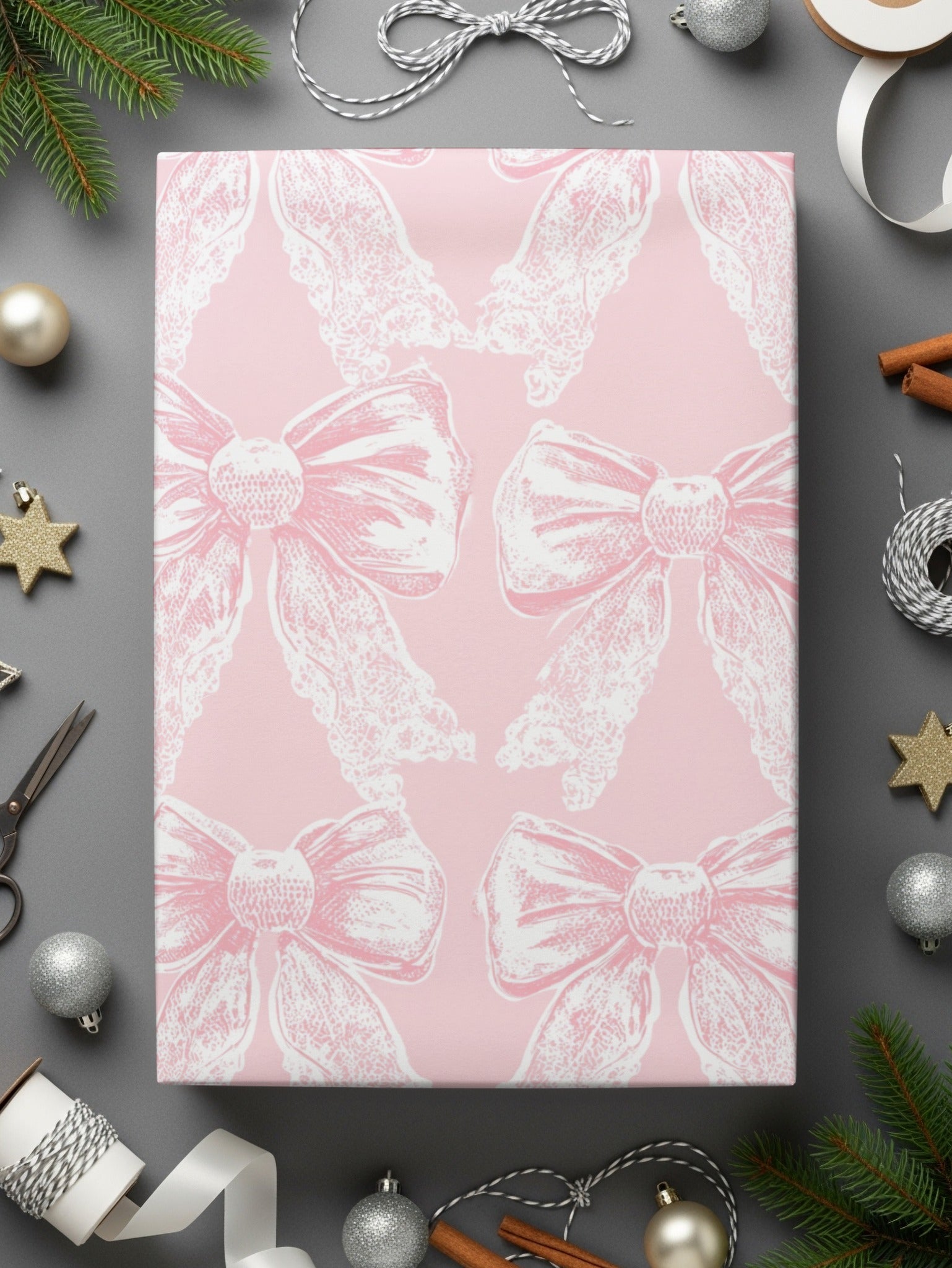 Pink Gift Wrap with White Bow Pattern Wrapping Paper