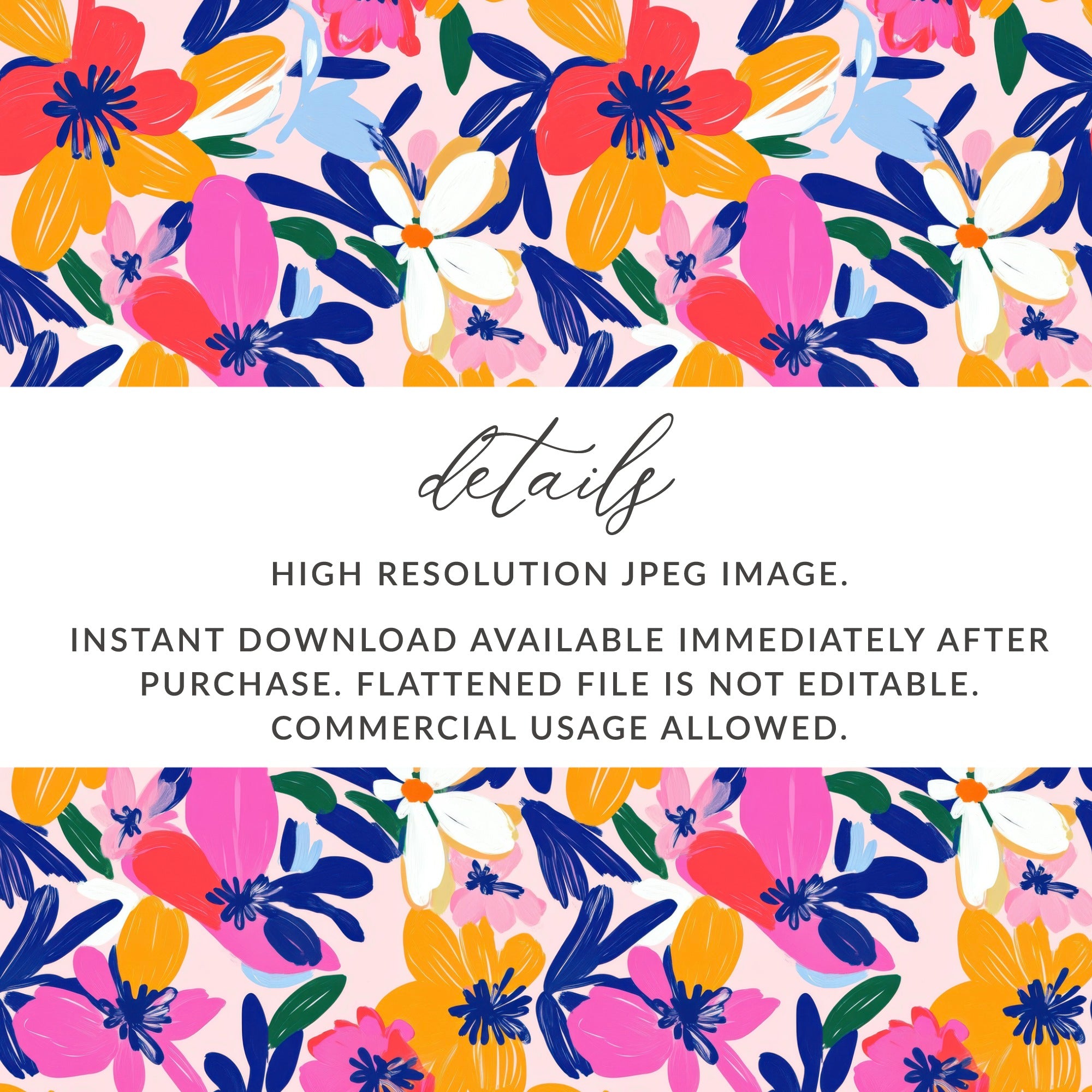 Floral pattern with text about image details and usage.