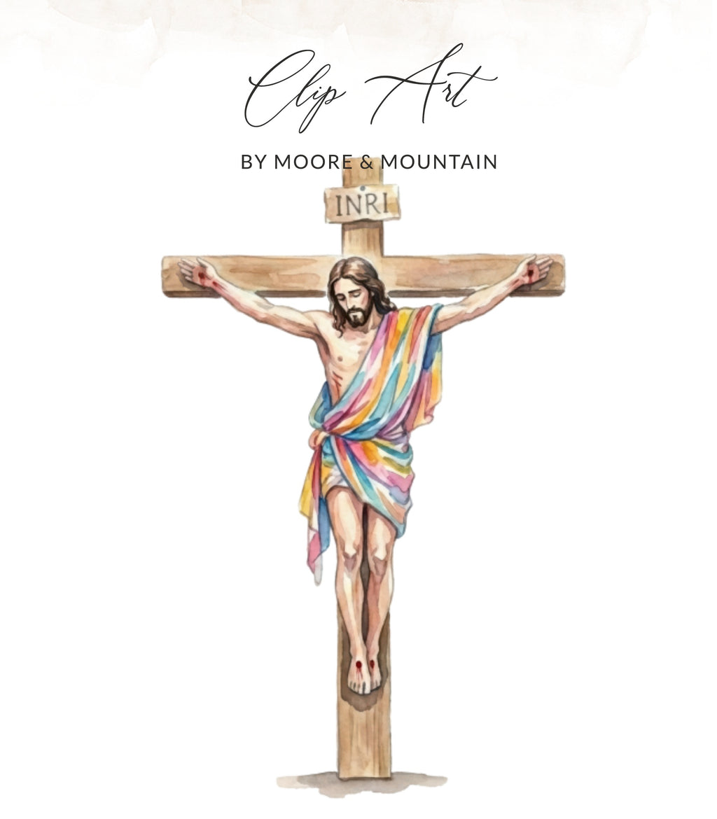 Watercolor depiction of Jesus on the cross, text "Clip Art" and "BY MOORE & MOUNTAIN" above.