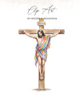 Watercolor depiction of Jesus on the cross, text "Clip Art" and "BY MOORE & MOUNTAIN" above.