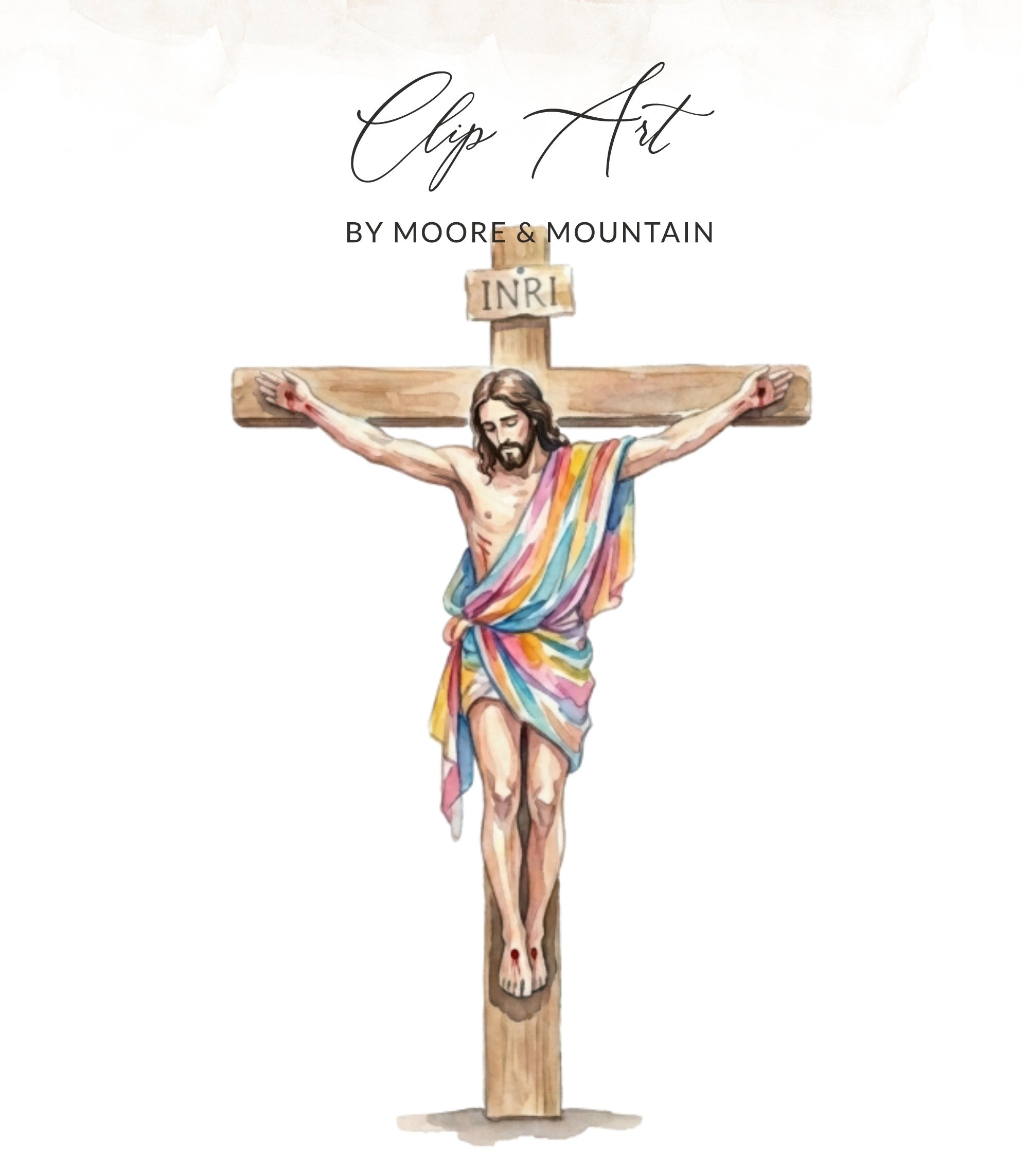 Watercolor depiction of Jesus on the cross, text "Clip Art" and "BY MOORE & MOUNTAIN" above.