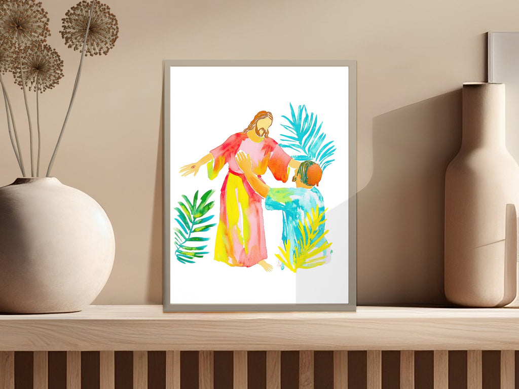 Watercolor illustration of Jesus reaching for a kneeling man with palm fronds.