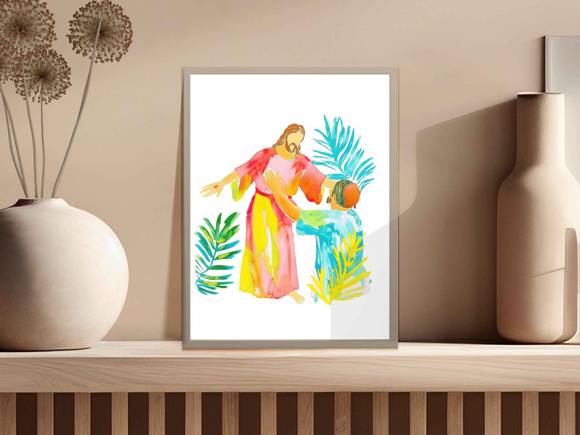 Watercolor illustration of Jesus reaching for a kneeling man with palm fronds.
