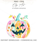 Hand-painted pastel Halloween pumpkin with leaves, PNG + SVG, Instant Download.