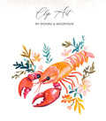 Watercolor lobster with floral and leaf accents, text "Clip Art by Moore & Mountain".