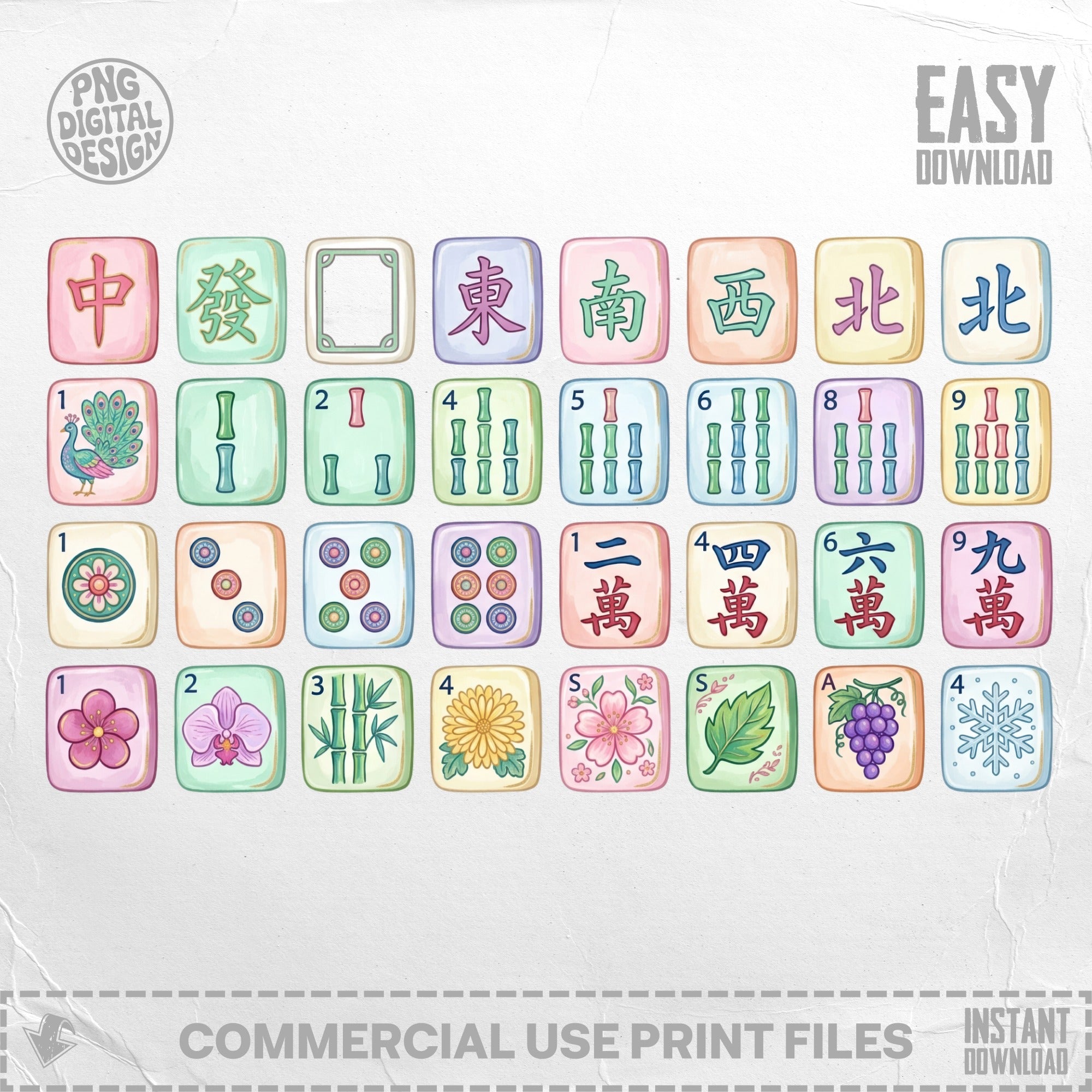 Mahjong tiles with Chinese characters and suits, for commercial print.