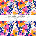 Seamless floral pattern with pink, orange, blue, and white flowers.