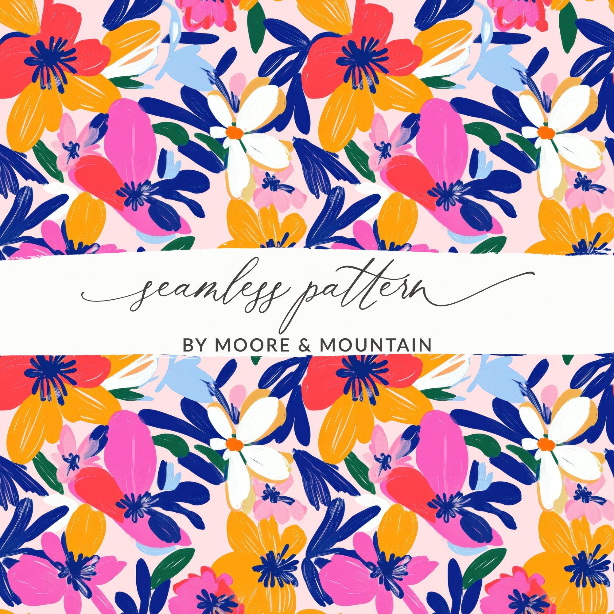 Seamless floral pattern with pink, orange, blue, and white flowers.