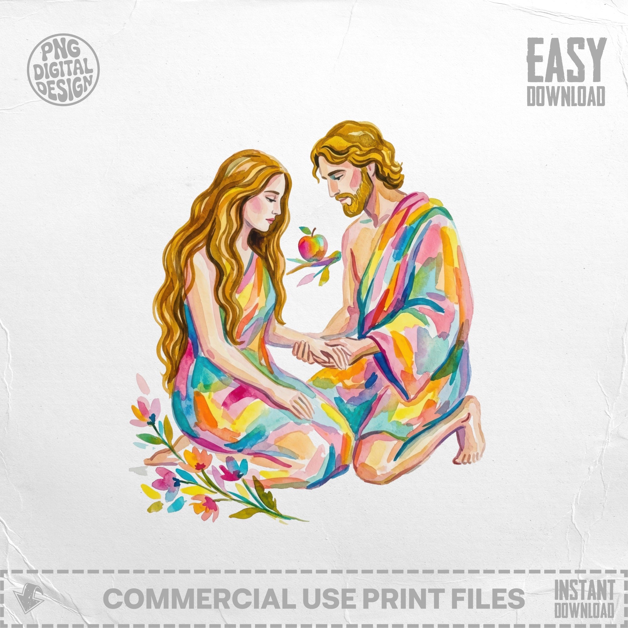 Watercolor illustration of Adam and Eve holding hands with an apple.