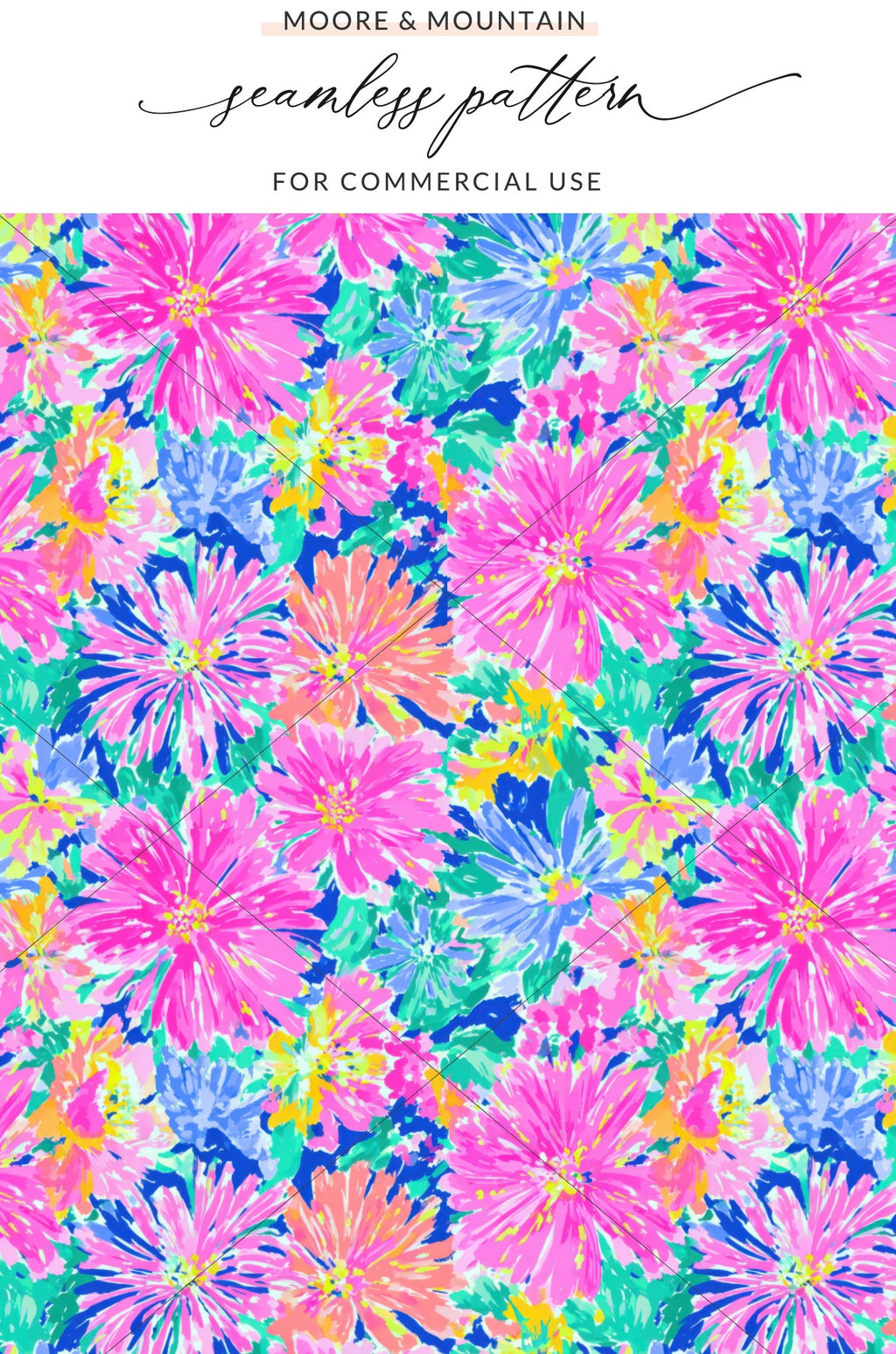 Floral pattern with pink, blue, and yellow starburst flowers on a blue background.