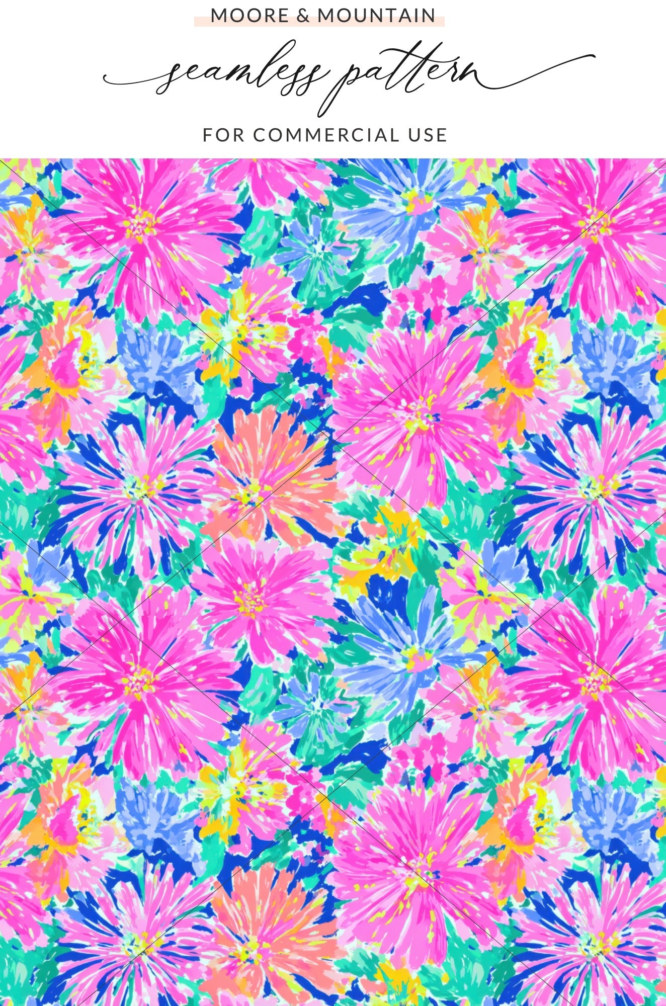 Floral pattern with pink, blue, and yellow starburst flowers on a blue background.