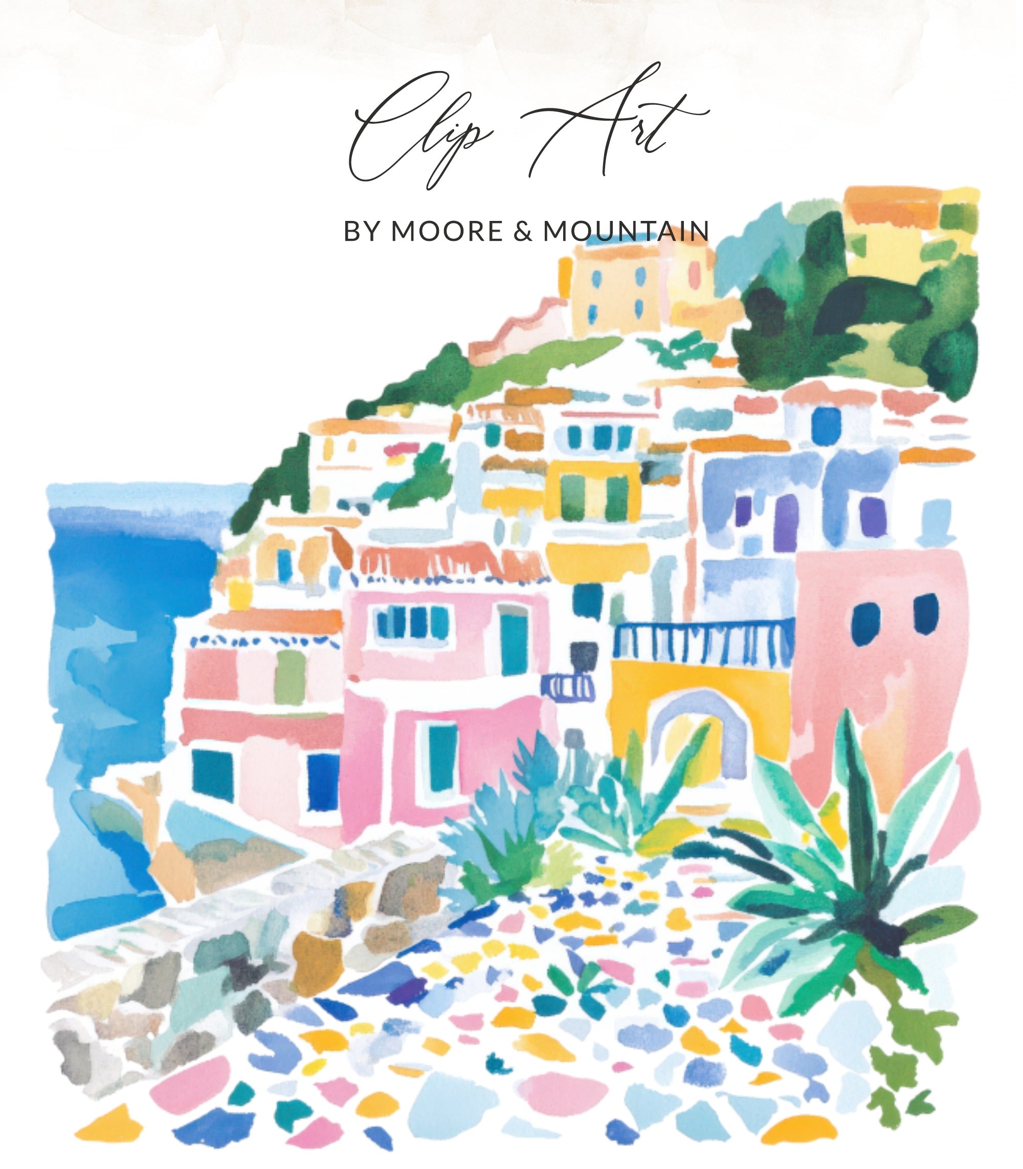 Watercolor illustration of colorful buildings on a hillside overlooking the sea.