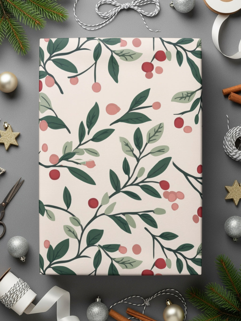 Festive Holiday Berry and Leaf Pattern Wrapping Paper