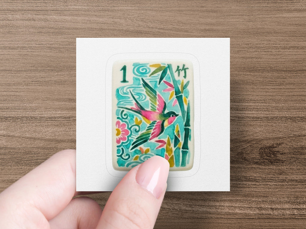 Mahjong tile with a bird and bamboo, labeled "1 Bamboo".