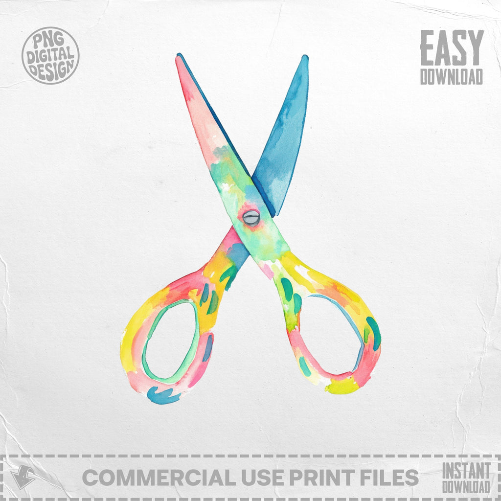 Watercolor scissors with colorful floral pattern on textured background.