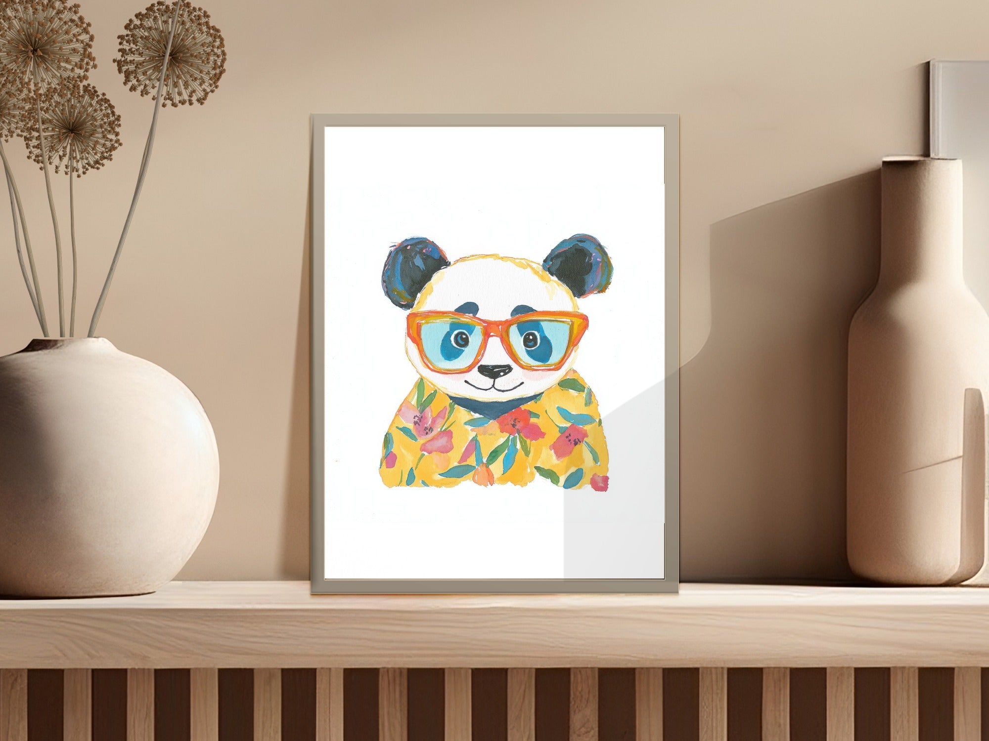 Colorful panda illustration wearing orange glasses and a floral shirt.