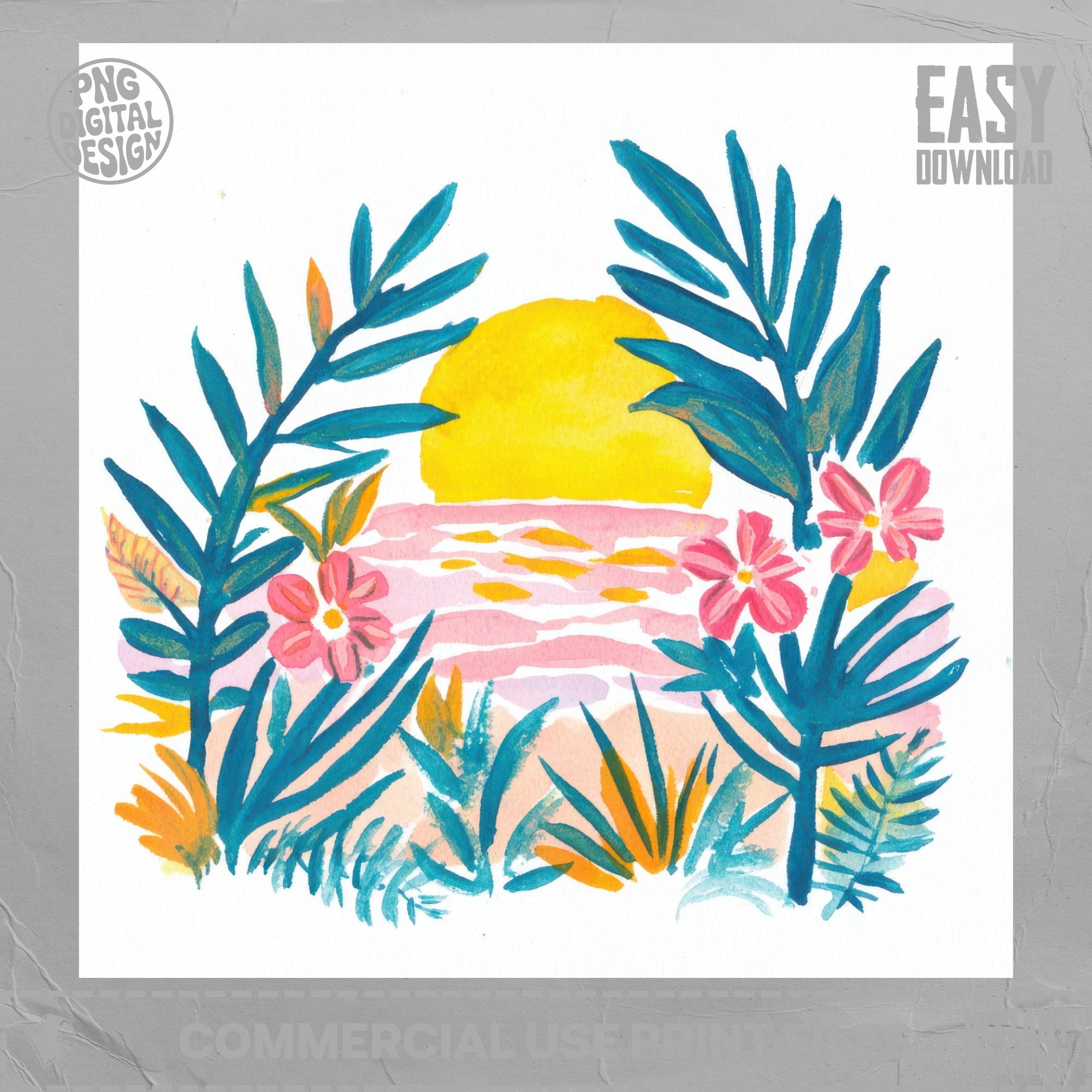 Watercolor illustration of tropical plants framing a sunset over the ocean.