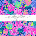 Seamless floral pattern with pink, purple, and blue hibiscus flowers.