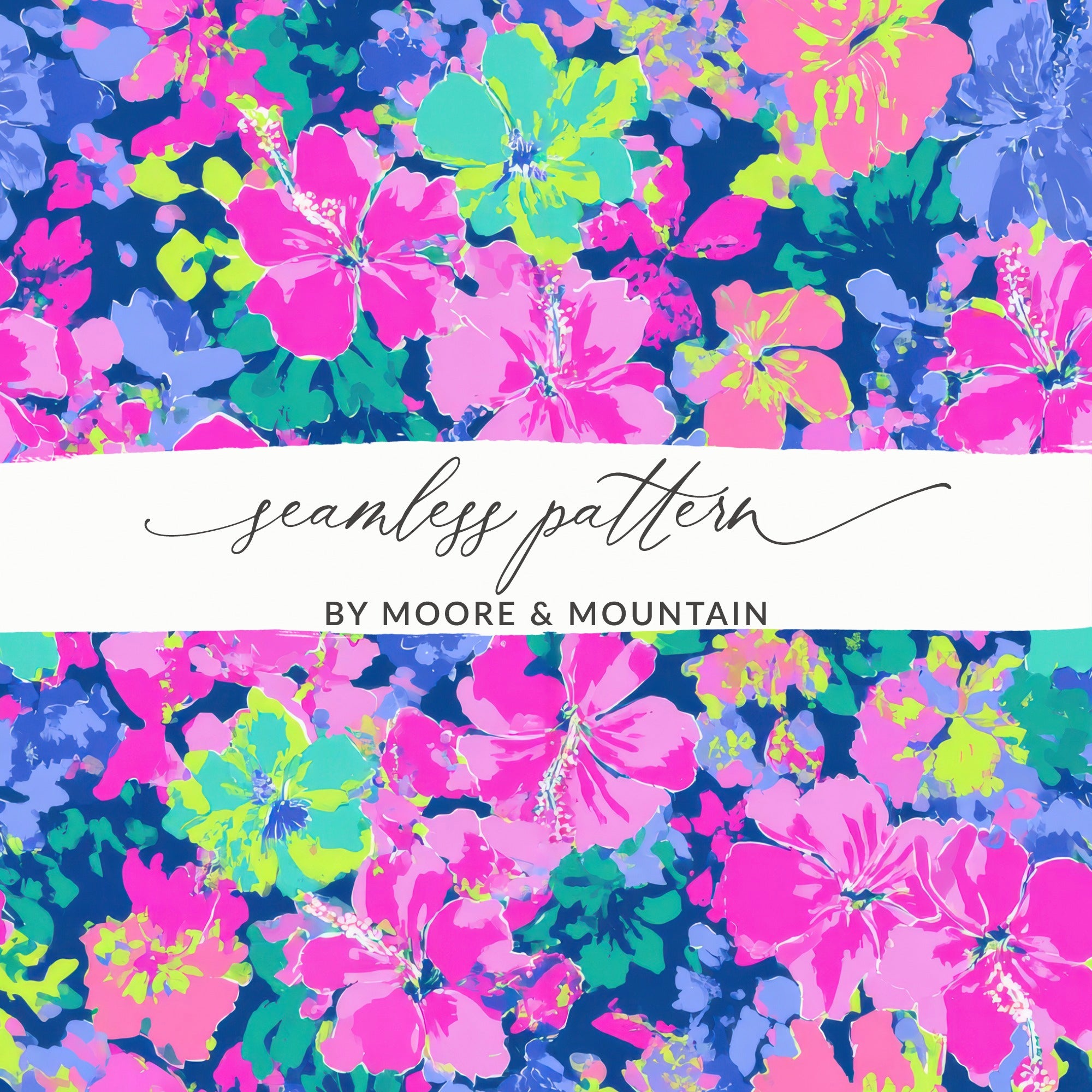 Seamless floral pattern with pink, purple, and blue hibiscus flowers.
