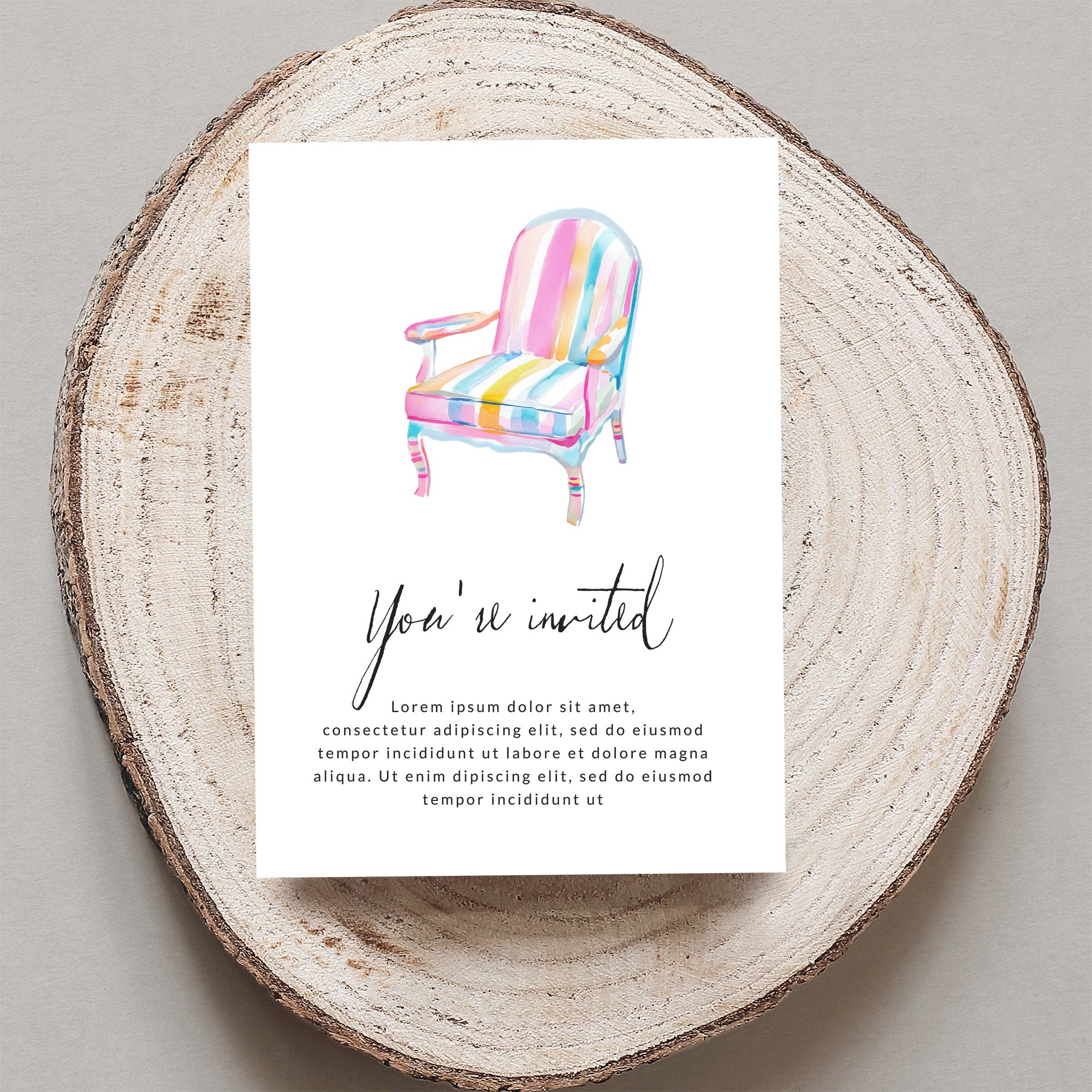Watercolor armchair with colorful stripes, "You're invited" text.