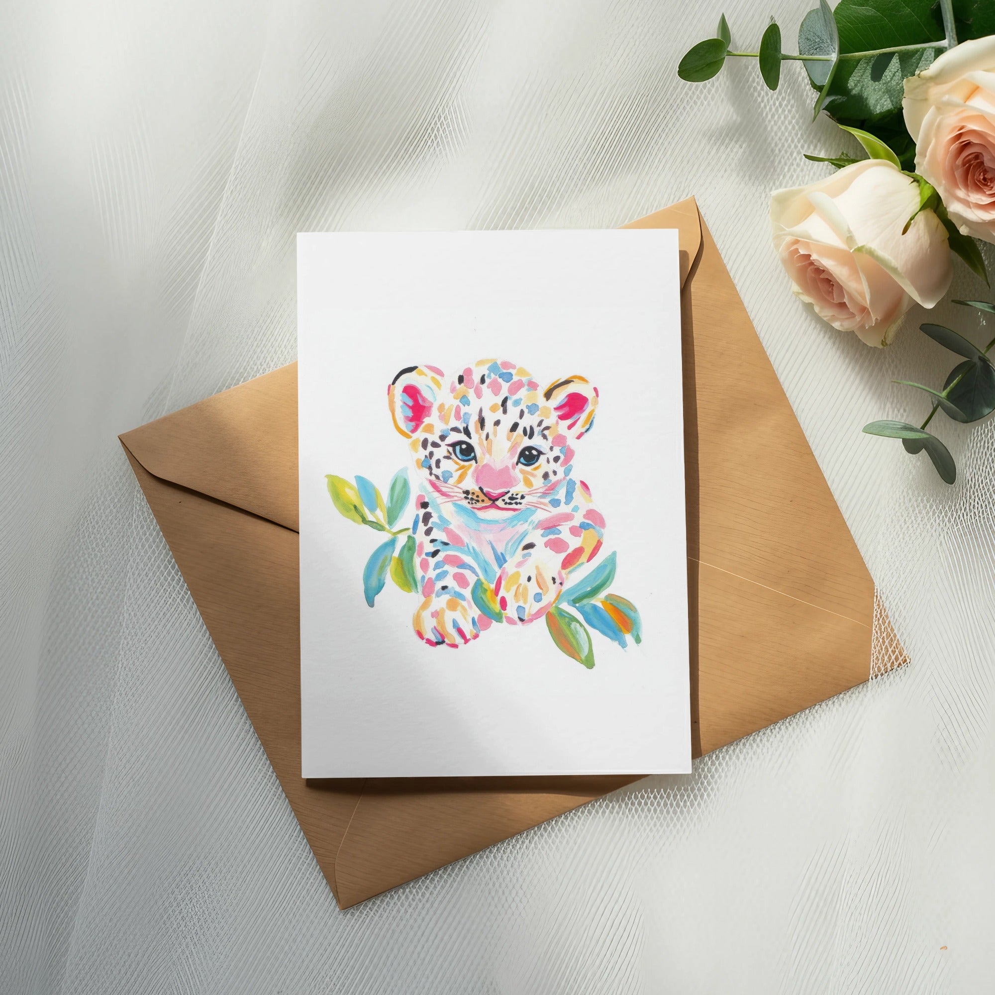 Watercolor painting of a colorful baby leopard cub on a card atop a brown envelope.