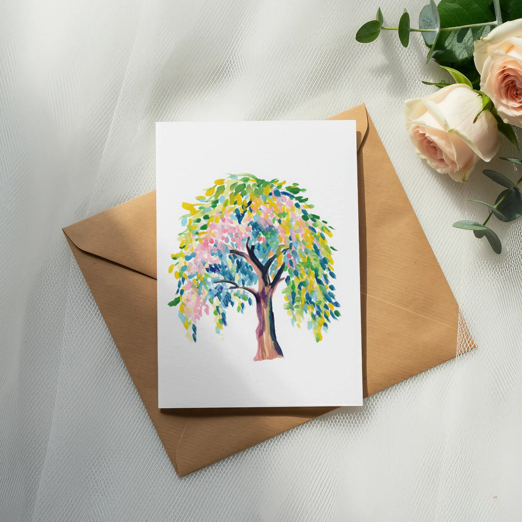 Watercolor painting of a colorful tree on a white card resting on a brown envelope.