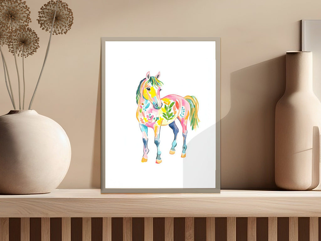Watercolor painting of a colorful horse with floral designs.