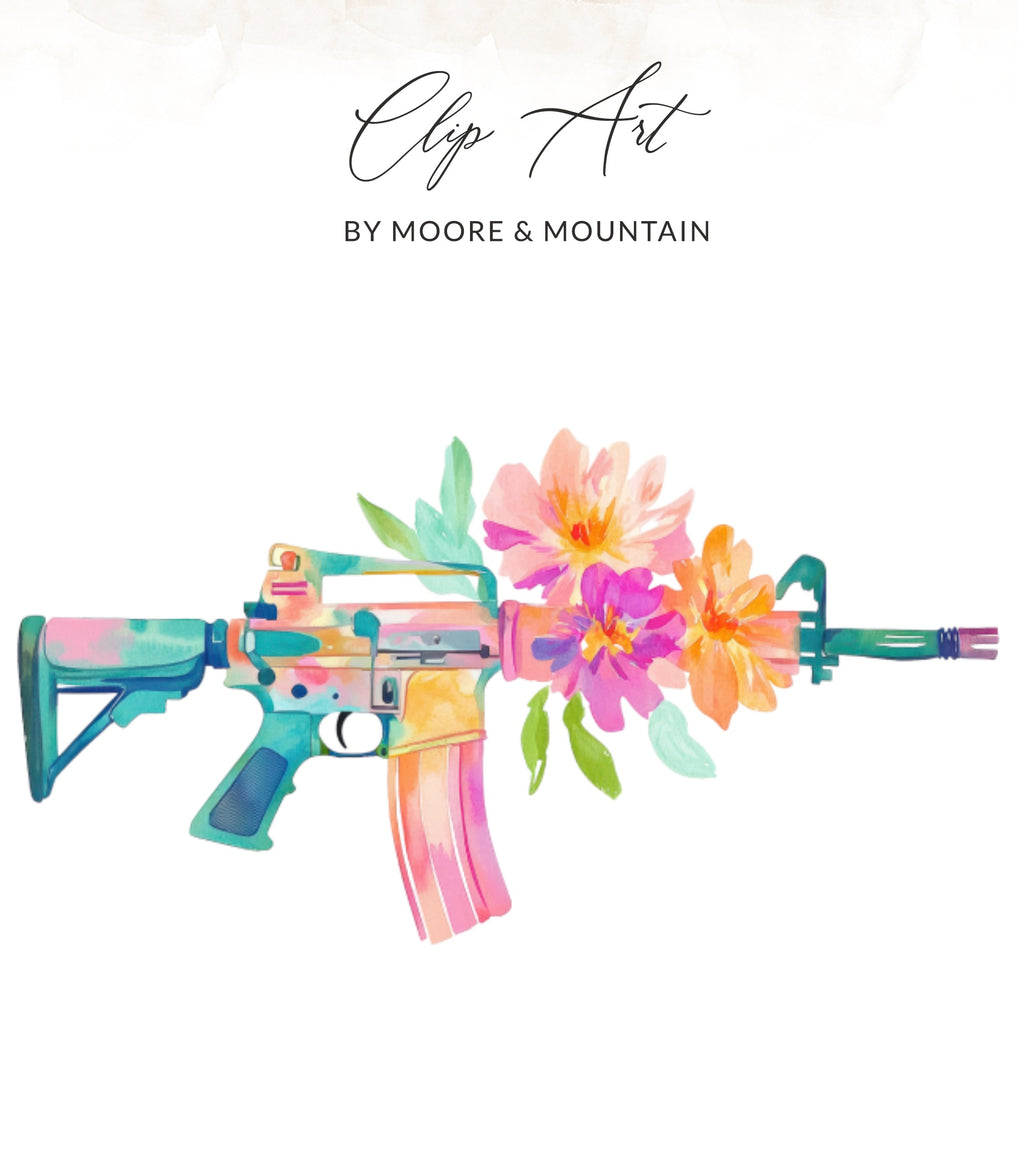 Rifle with watercolor floral accents in pinks, oranges, and blues.