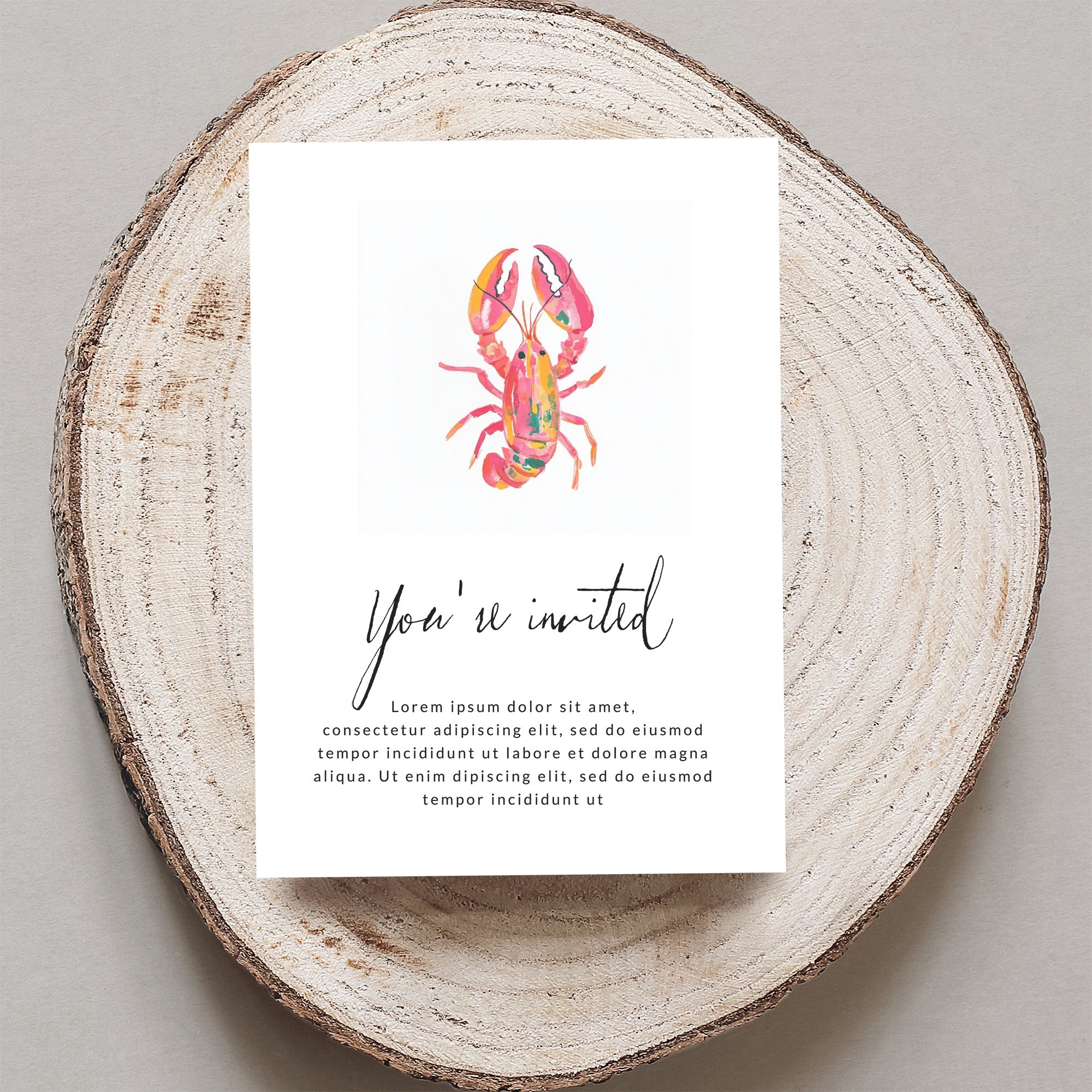 Watercolor lobster invitation with "You're invited" and placeholder text.