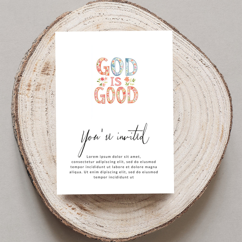 Card with "God is Good" text and floral accents, inviting the recipient.