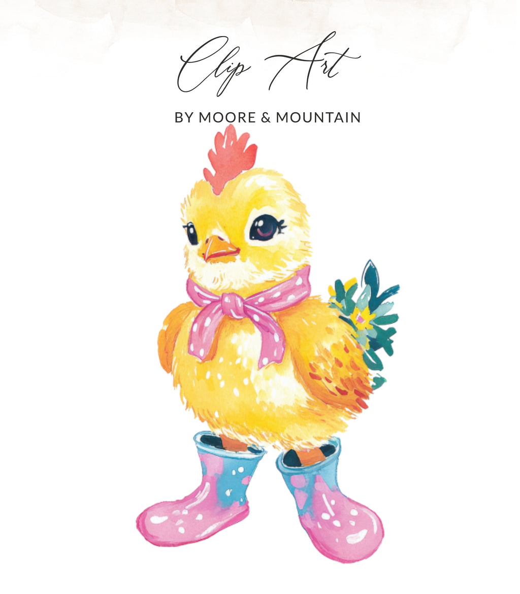 Yellow chick wearing pink scarf and blue boots with flowers.