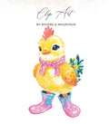 Yellow chick wearing pink scarf and blue boots with flowers.