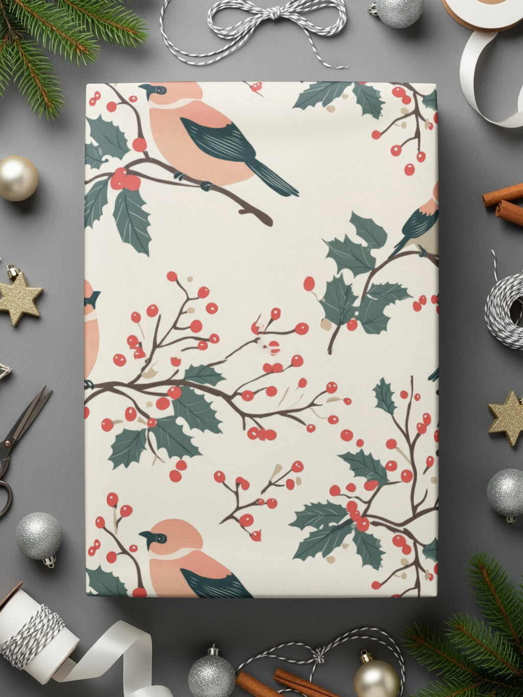 Festive Birds and Holly Gift Wrap for Holiday Season