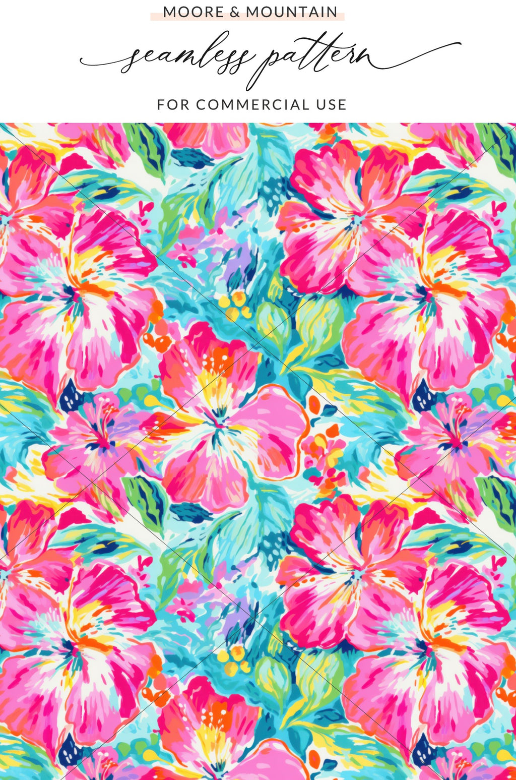 Vibrant tropical hibiscus floral pattern with "Moore & Mountain" watermark.