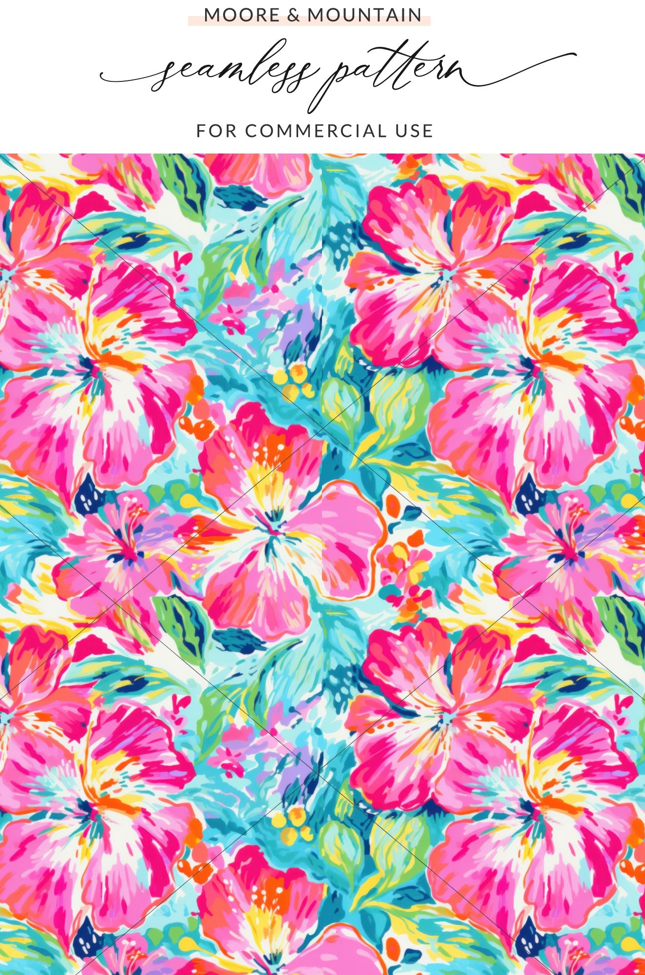 Vibrant tropical hibiscus floral pattern with "Moore & Mountain" watermark.