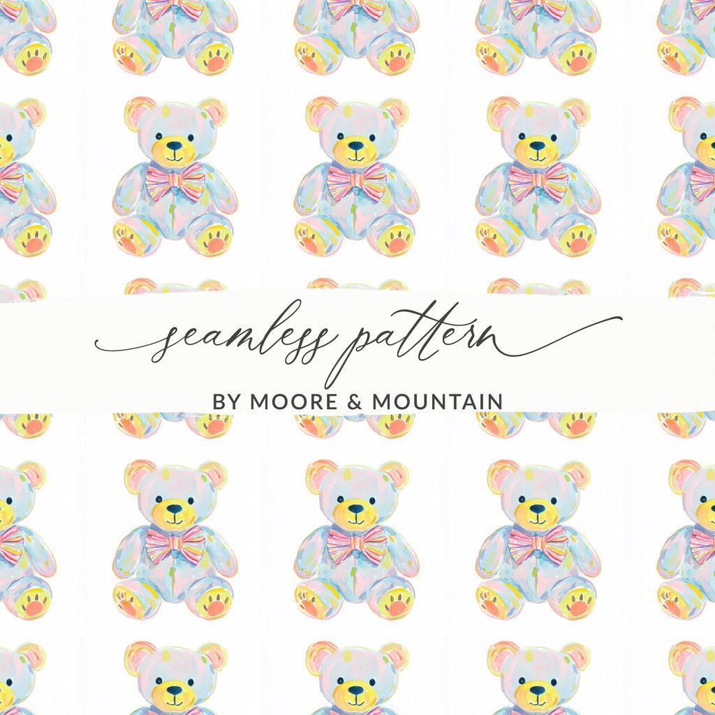 Seamless Pattern Watercolor Teddy Bears Pastel BY MOORE & MOUNTAIN product type
watercolor, teddy bear, seamless pattern, pastel colors, nursery design, baby theme, kids decor, cute animal, gentle print, rainbow bow, playful art, fabric design, digital background, DIY projects, gift wrapping, children's room, baby shower, graphic art, Moore Mountain, whimsical design