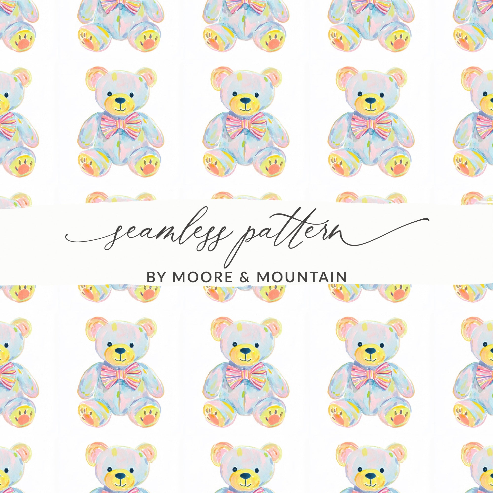 Seamless Pattern Watercolor Teddy Bears Pastel BY MOORE & MOUNTAIN product type
watercolor, teddy bear, seamless pattern, pastel colors, nursery design, baby theme, kids decor, cute animal, gentle print, rainbow bow, playful art, fabric design, digital background, DIY projects, gift wrapping, children's room, baby shower, graphic art, Moore Mountain, whimsical design
