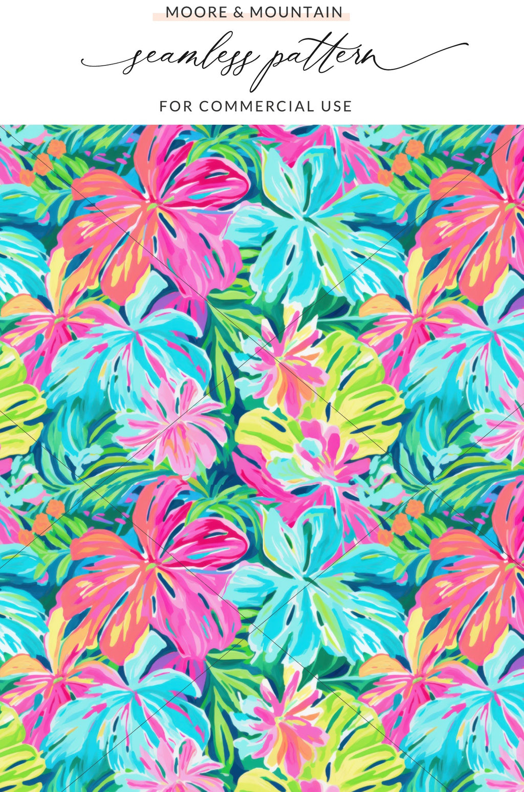 Colorful floral pattern with text "Moore & Mountain" and "For Commercial Use."