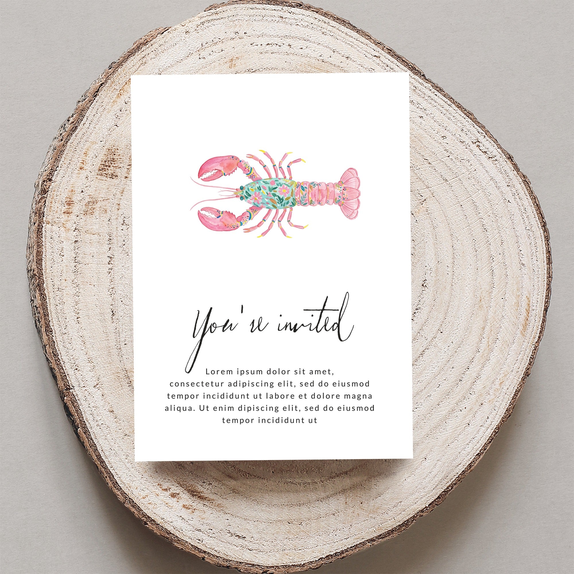 Invitation card with lobster illustration and placeholder text.